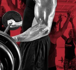 A man holding up a barbell. This is a Group Power MOSSA Promo