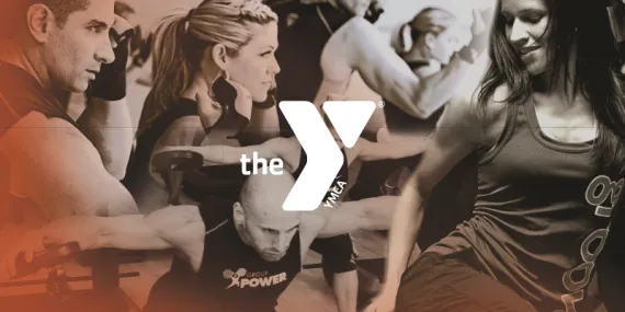 A compilation-style photo of people exercising with the YMCA logo imposed on top.