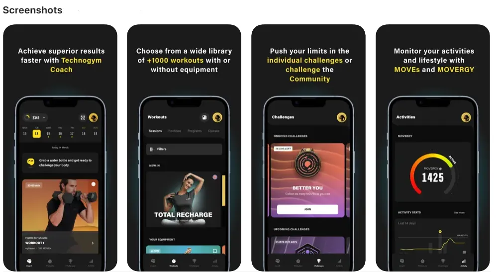 Screenshots of the Technogym app pulled from the Apple App Store.